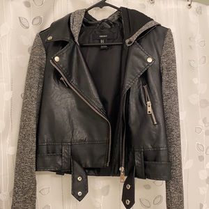 Faux leather semi cropped jacket/sweater sleeves
